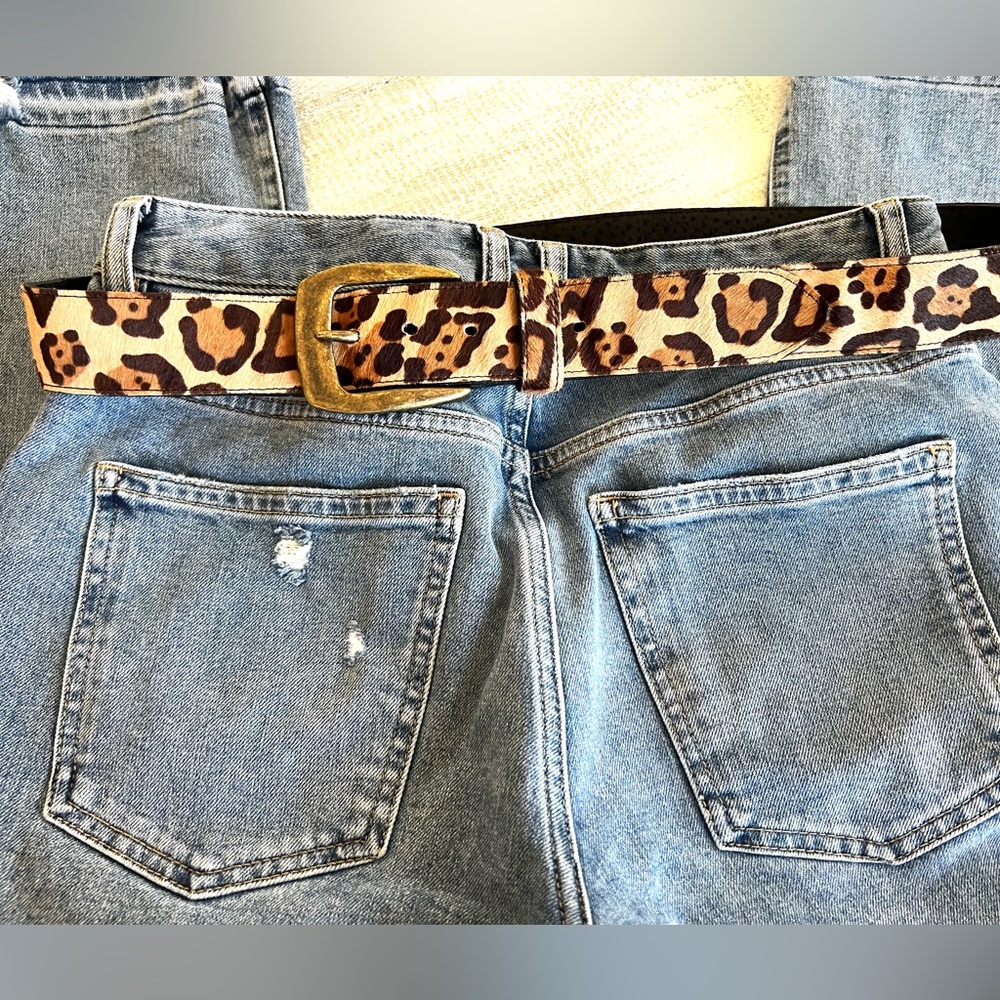 🛍️🎉 Leopard Print Leather Belt wBrass Antique Buckle NEW! Boutique Brand Sz M-L